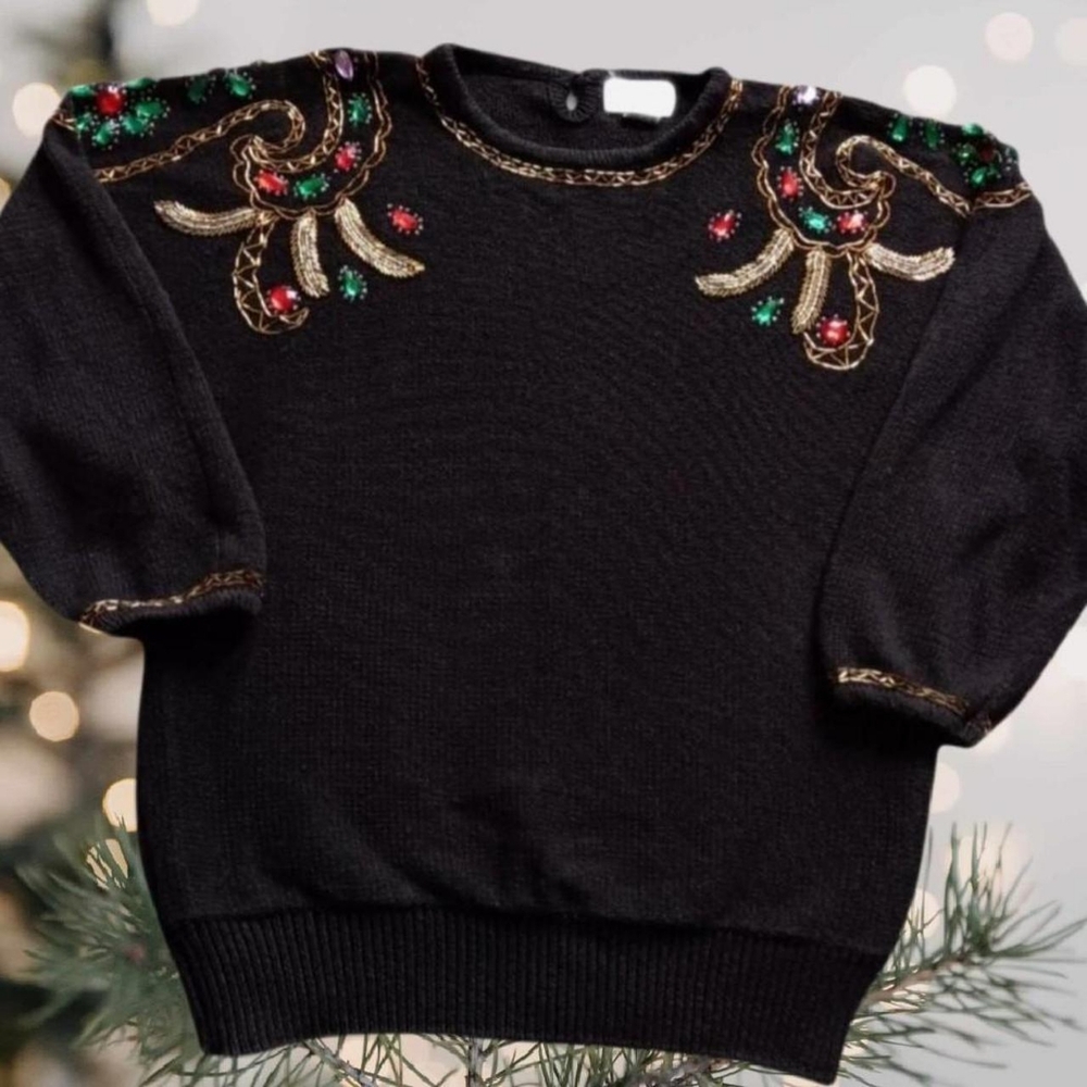 Tacky 80s 90s Embellished Sweater Black Beaded Bling Loud Holiday Pullover Knit